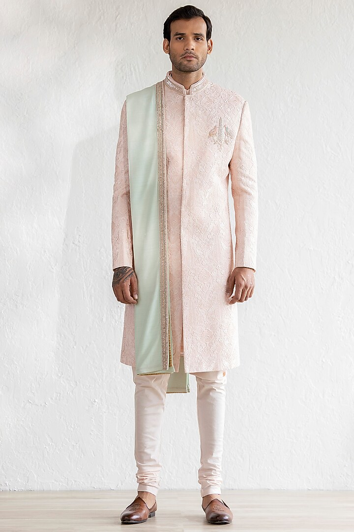 Light Pink Georgette Embroidered Groom Sherwani Set by Qbik Men at Pernia's Pop Up Shop