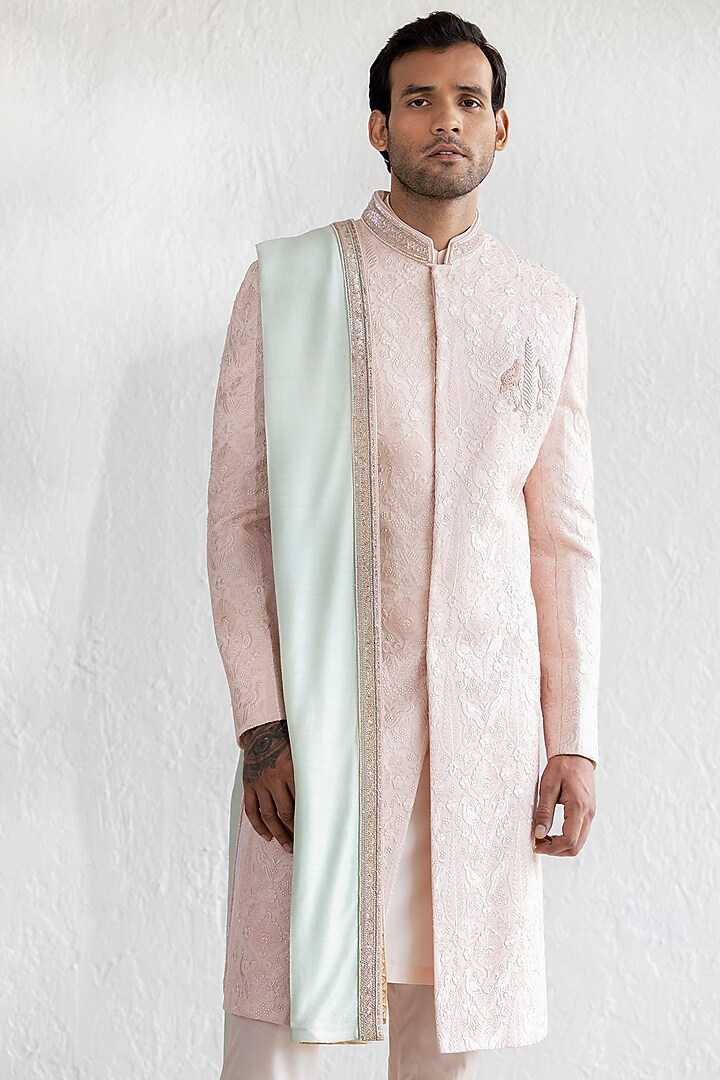 Light Pink Georgette Embroidered Groom Sherwani Set by Qbik Men at Pernia's Pop Up Shop