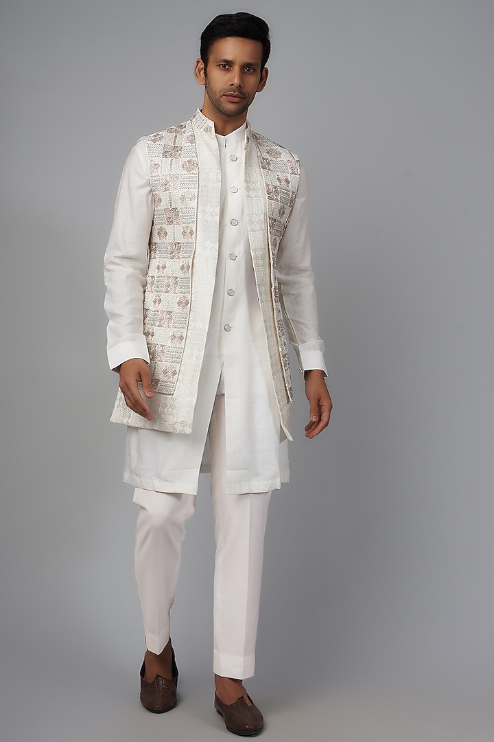 Ivory Silk Embroidered Wedding Indowestern Set by Qbik Men at Pernia's Pop Up Shop
