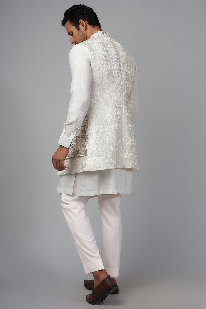 Ivory Silk Embroidered Wedding Indowestern Set by Qbik Men at Pernia's Pop Up Shop