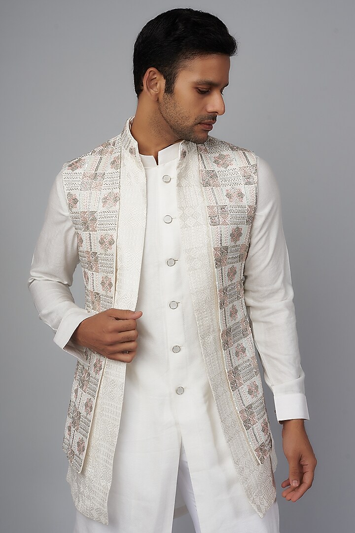 Ivory Silk Embroidered Wedding Indowestern Set by Qbik Men at Pernia's Pop Up Shop