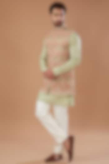 Light Fawn Pashmina Silk Thread Embroidered Nehru Jacket Set by Qbik Men