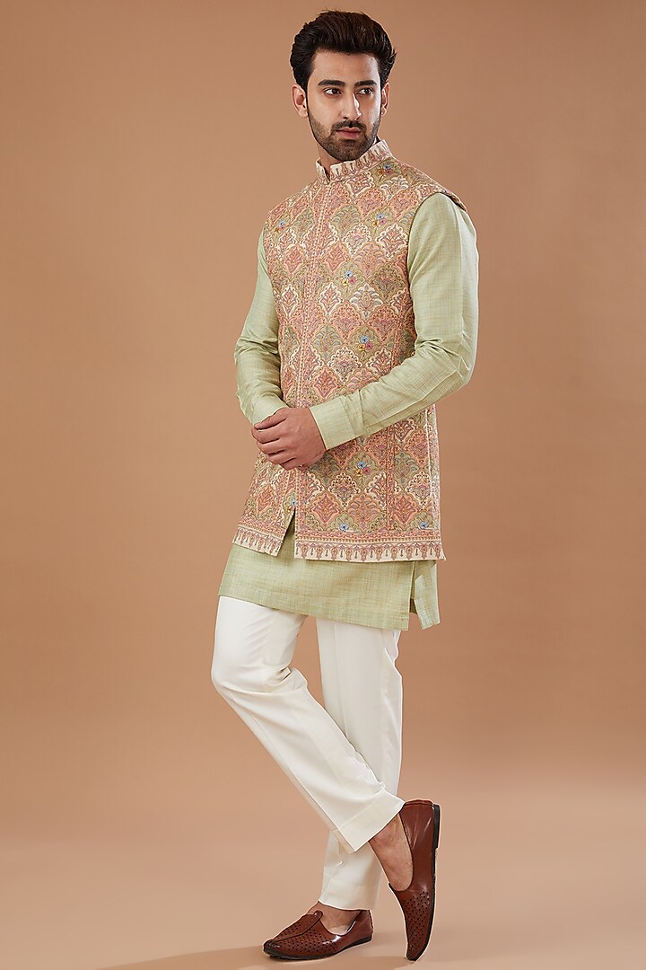 Light Fawn Pashmina Silk Thread Embroidered Nehru Jacket Set by Qbik Men