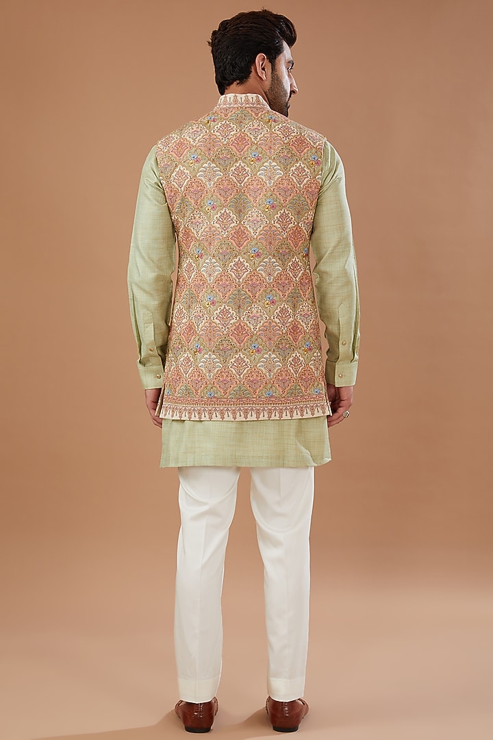 Light Fawn Pashmina Silk Thread Embroidered Nehru Jacket Set by Qbik Men at Pernia's Pop Up Shop