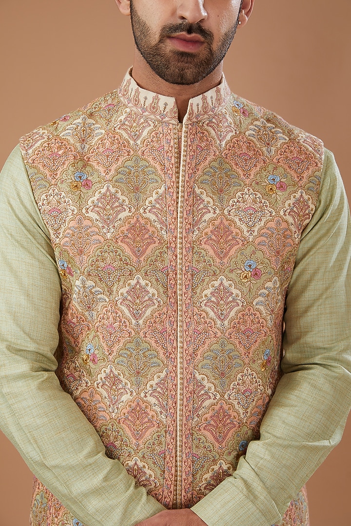 Light Fawn Pashmina Silk Thread Embroidered Nehru Jacket Set by Qbik Men at Pernia's Pop Up Shop