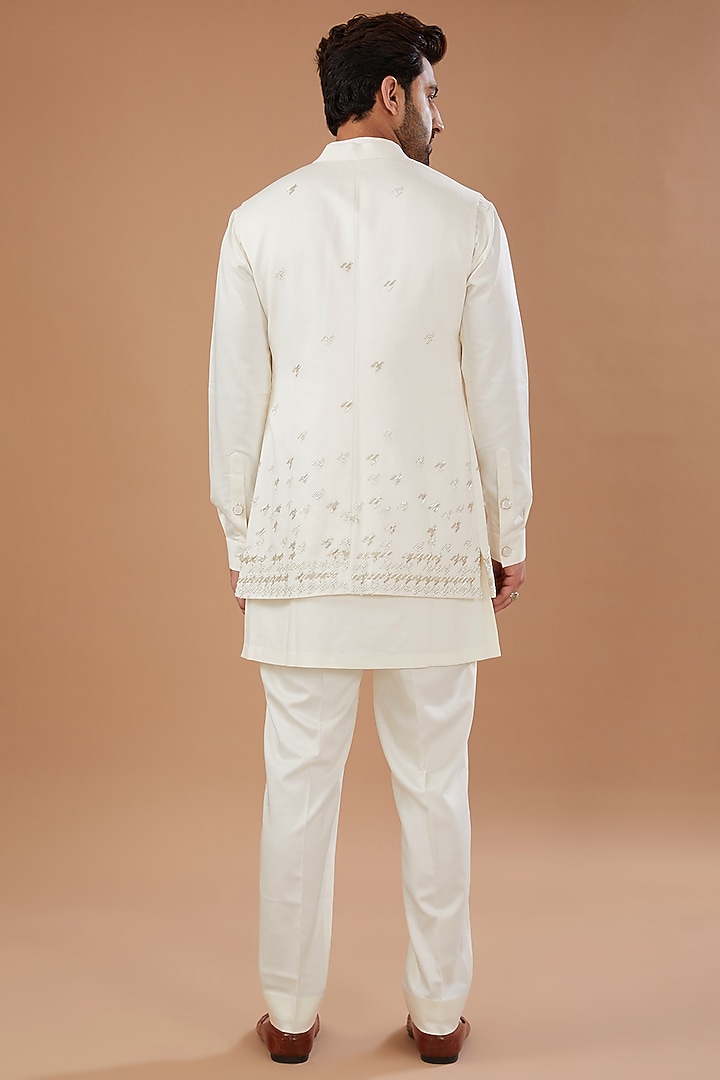 Ivory Viscose Wool Embroidered Wedding Indowestern Set by Qbik Men at Pernia's Pop Up Shop