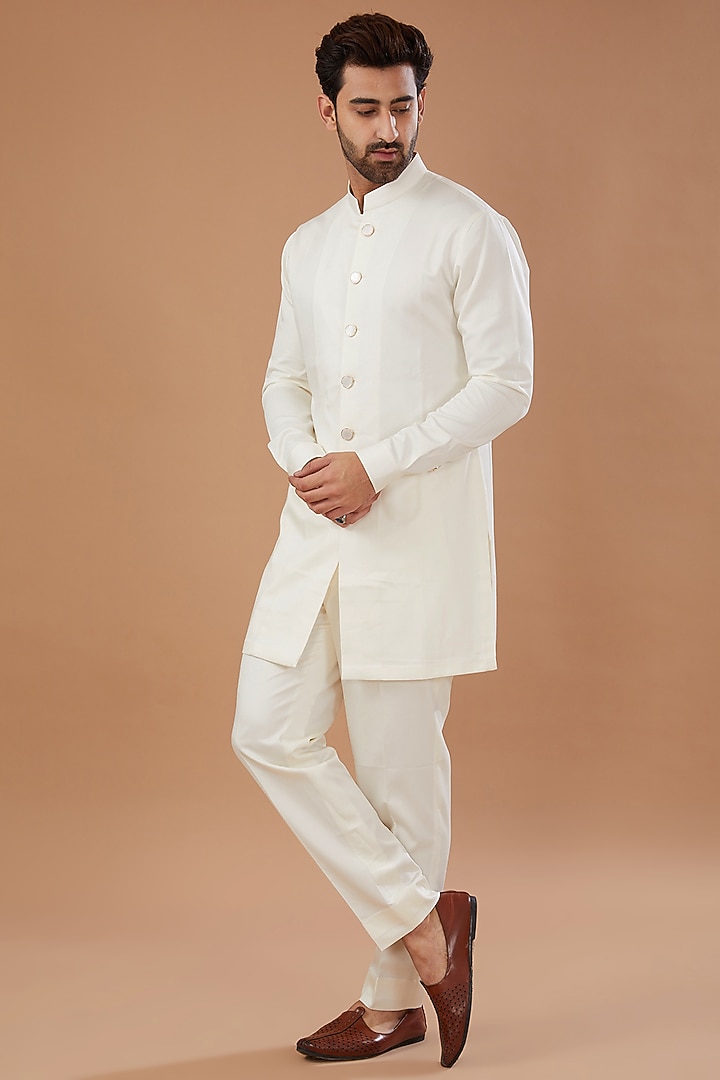 Ivory Viscose Wool Embroidered Wedding Indowestern Set by Qbik Men at Pernia's Pop Up Shop
