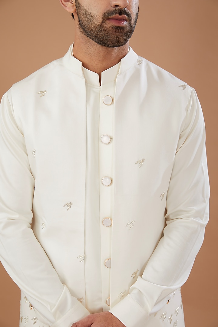 Ivory Viscose Wool Embroidered Wedding Indowestern Set by Qbik Men at Pernia's Pop Up Shop