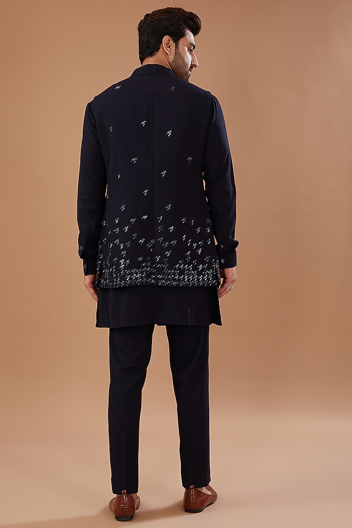 Navy Blue Viscose Wool Embroidered Nehru Jacket Set by Qbik Men at Pernia's Pop Up Shop