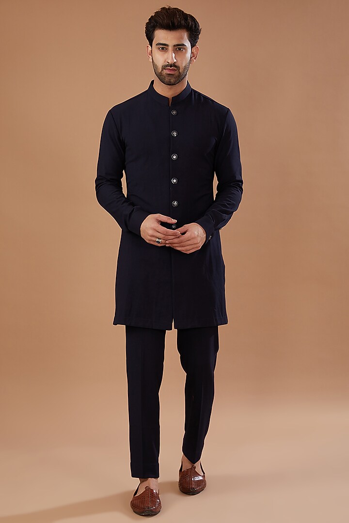 Navy Blue Viscose Wool Embroidered Nehru Jacket Set by Qbik Men at Pernia's Pop Up Shop