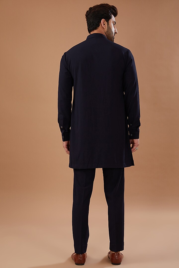 Navy Blue Viscose Wool Embroidered Nehru Jacket Set by Qbik Men at Pernia's Pop Up Shop