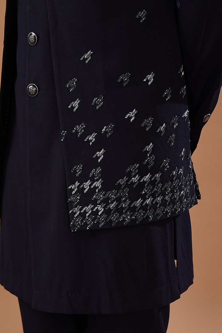 Navy Blue Viscose Wool Embroidered Nehru Jacket Set by Qbik Men at Pernia's Pop Up Shop