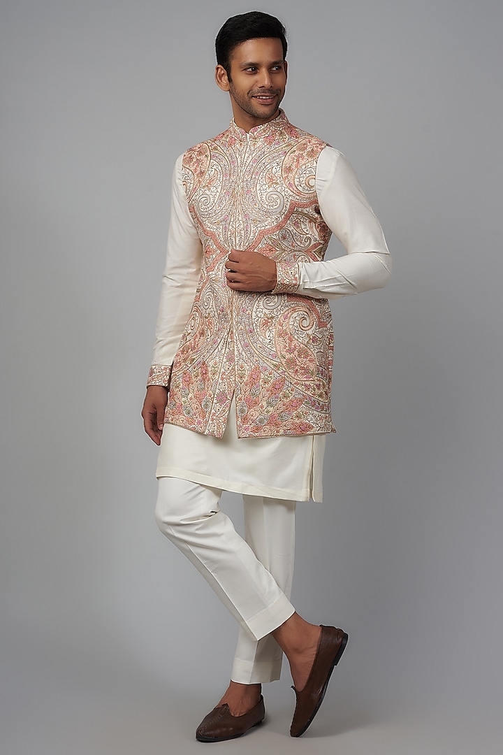 Ivory Pashmina Silk Embroidered Nehru Jacket Set by Qbik Men