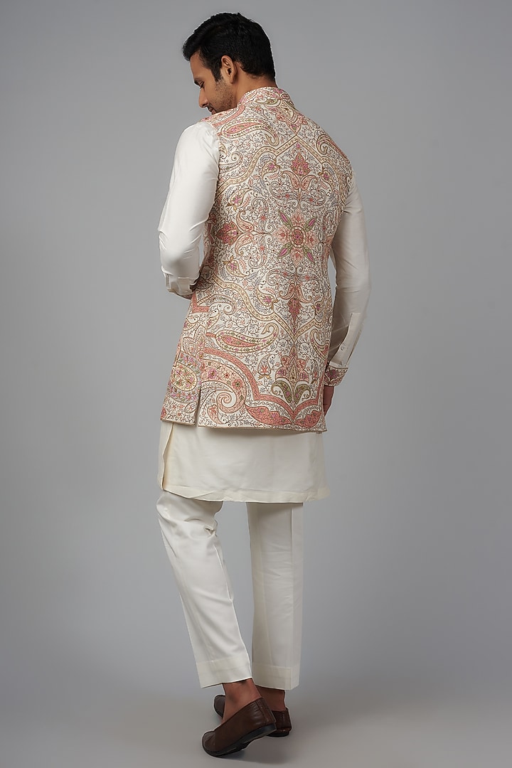 Ivory Pashmina Silk Embroidered Nehru Jacket Set by Qbik Men at Pernia's Pop Up Shop