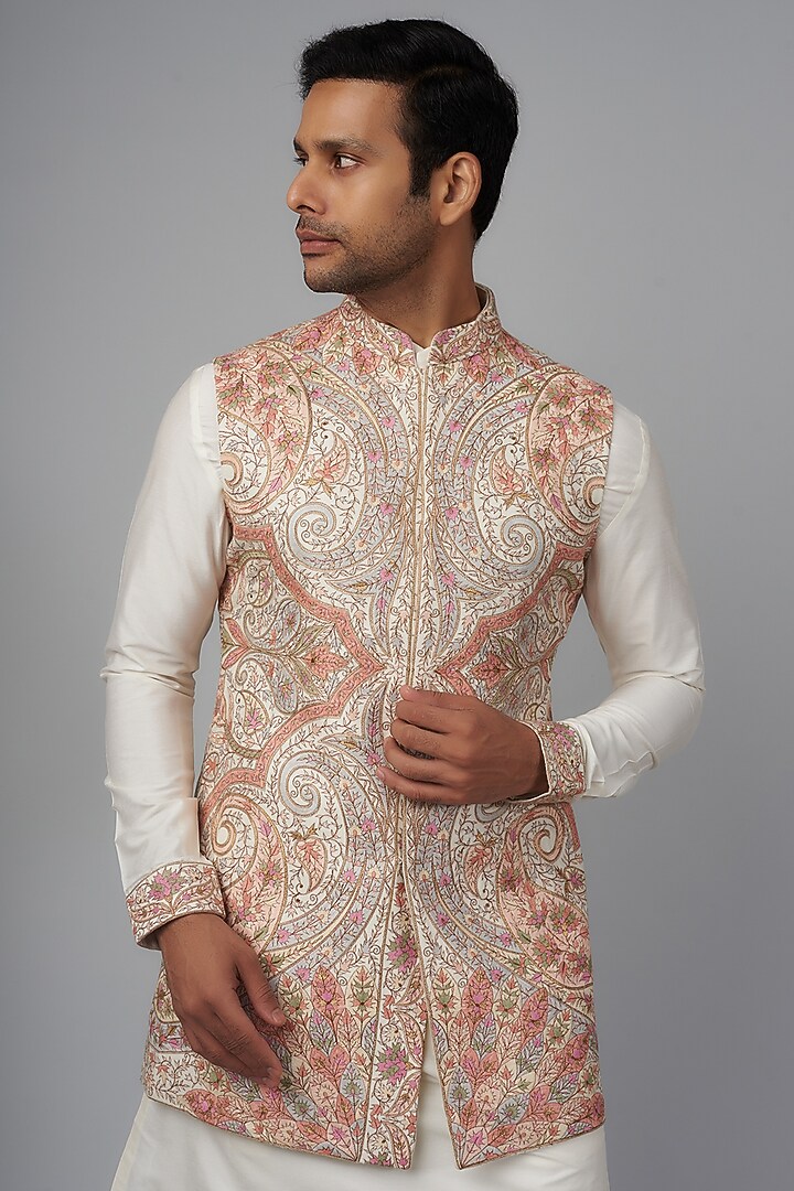 Ivory Pashmina Silk Embroidered Nehru Jacket Set by Qbik Men at Pernia's Pop Up Shop