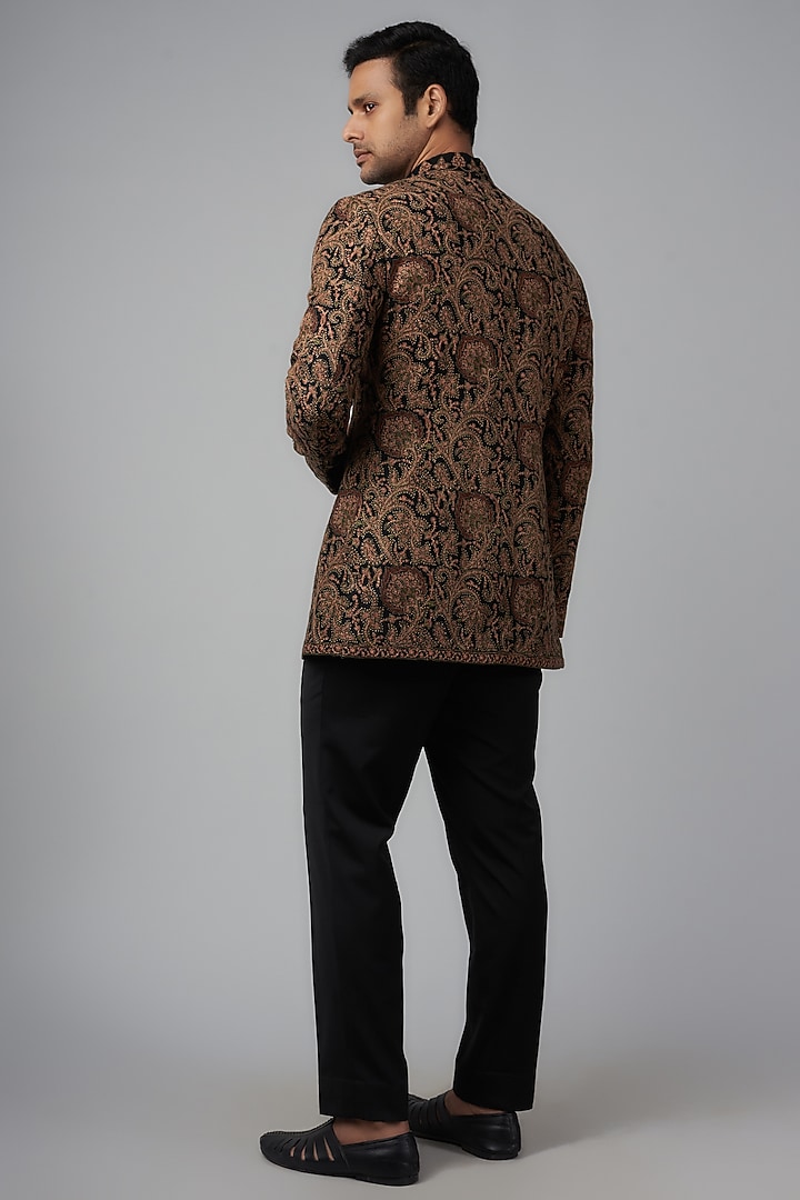 Black Pashmina Silk Embroidered Groom Bandhgala Set by Qbik Men at Pernia's Pop Up Shop