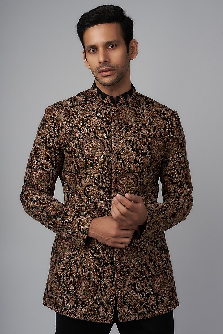 Black Pashmina Silk Embroidered Groom Bandhgala Set by Qbik Men at Pernia's Pop Up Shop