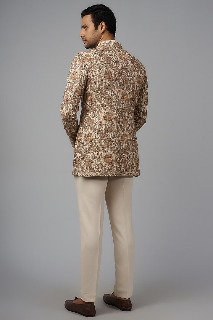 Beige Pashmina Silk Embroidered Groom Bandhgala Set by Qbik Men at Pernia's Pop Up Shop