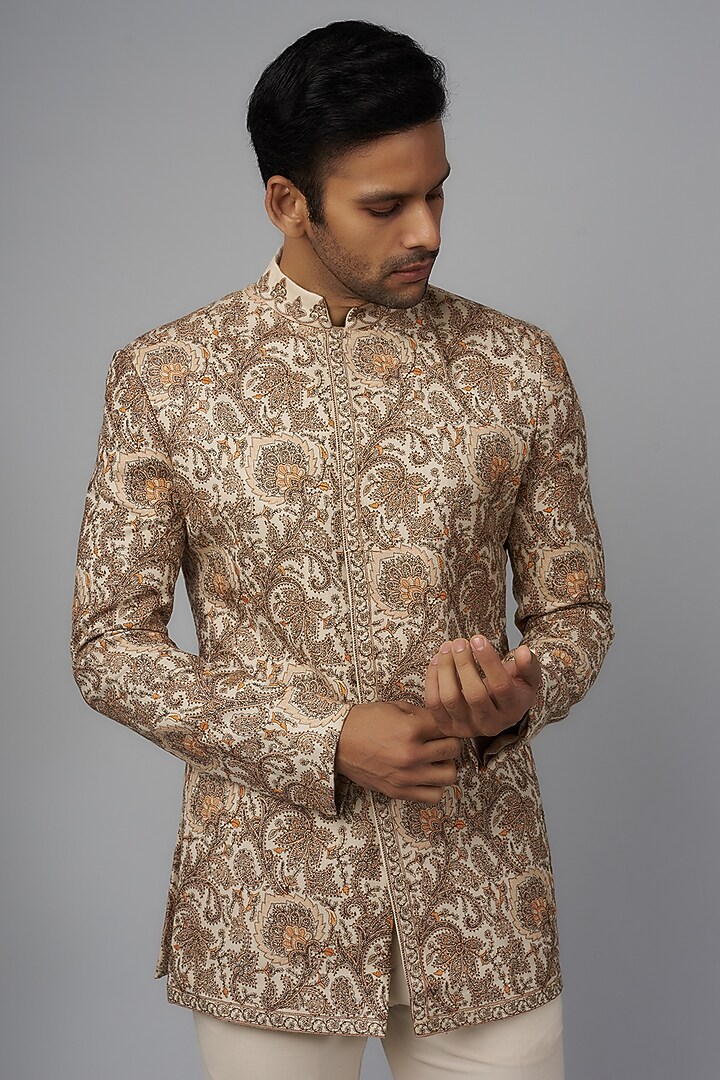 Beige Pashmina Silk Embroidered Groom Bandhgala Set by Qbik Men at Pernia's Pop Up Shop