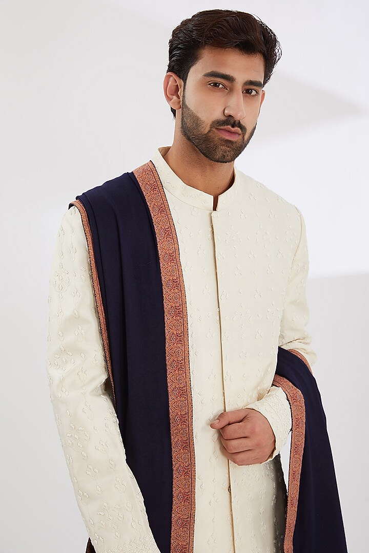 Navy Blue Wool Embroidered Shawl by Qbik Men at Pernia's Pop Up Shop