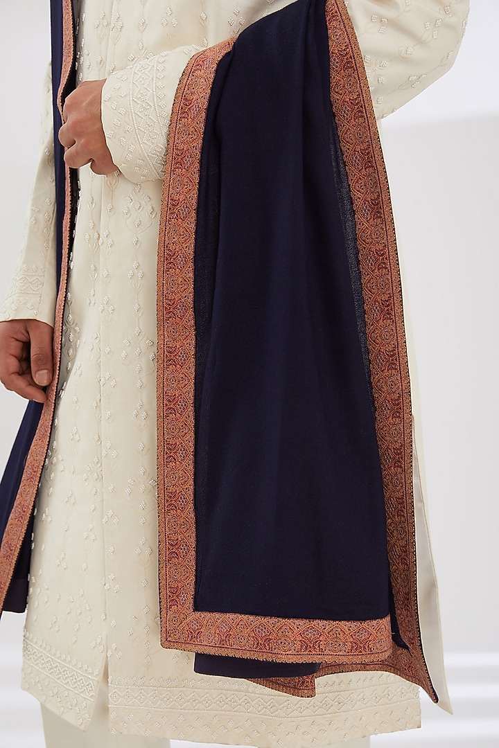 Navy Blue Wool Embroidered Shawl by Qbik Men at Pernia's Pop Up Shop
