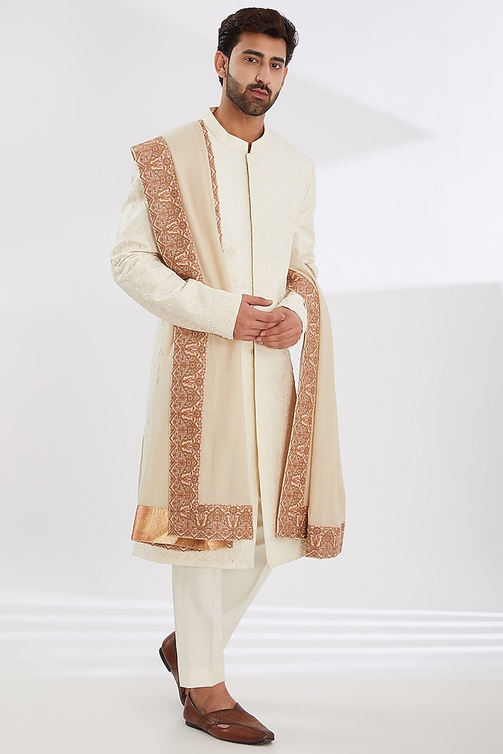 Ivory Wool Embroidered Shawl by Qbik Men