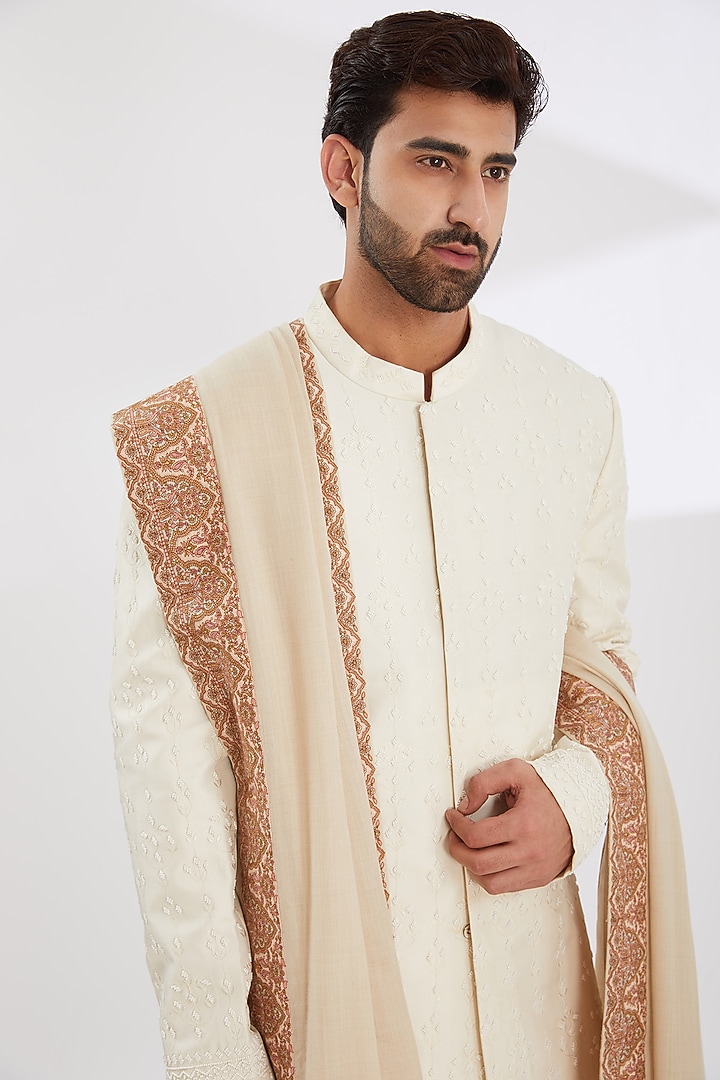 Ivory Wool Embroidered Shawl by Qbik Men at Pernia's Pop Up Shop