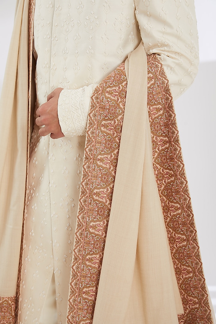 Ivory Wool Embroidered Shawl by Qbik Men at Pernia's Pop Up Shop