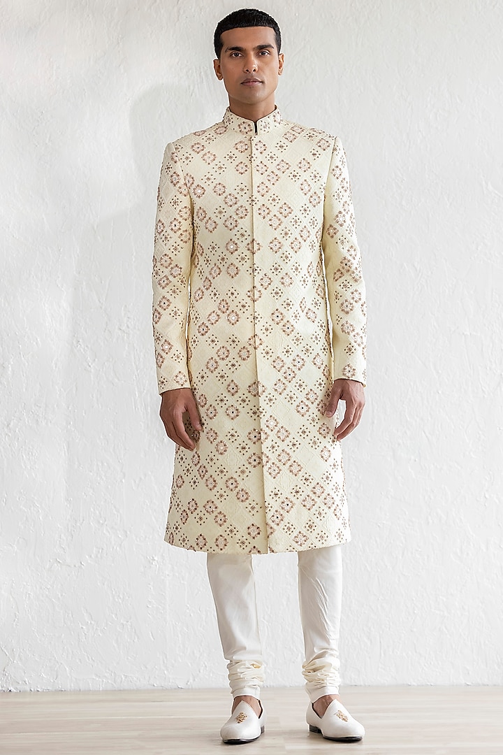 Cream Jacquard Embroidered Sherwani Set by Qbik Men