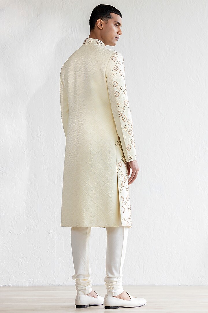 Cream Jacquard Embroidered Groom Sherwani Set by Qbik Men at Pernia's Pop Up Shop