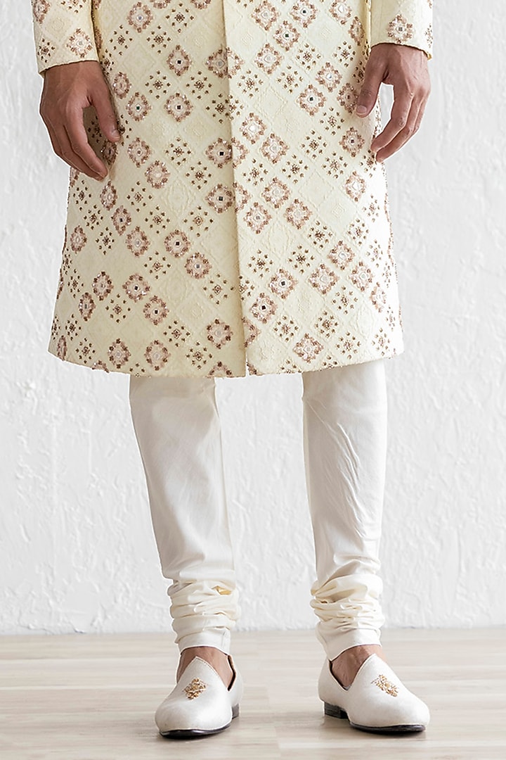 Cream Jacquard Embroidered Groom Sherwani Set by Qbik Men at Pernia's Pop Up Shop