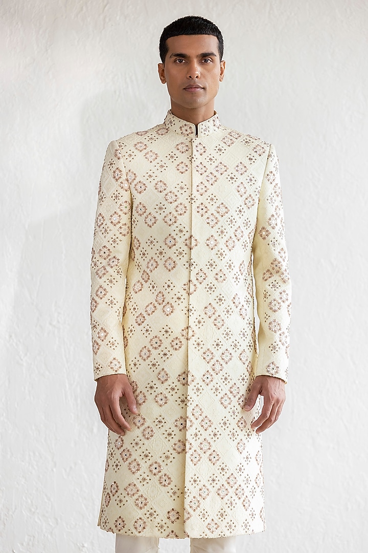 Cream Jacquard Embroidered Groom Sherwani Set by Qbik Men at Pernia's Pop Up Shop
