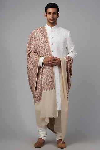Beige Pashmina Silk Embroidered Shawl by Qbik Men