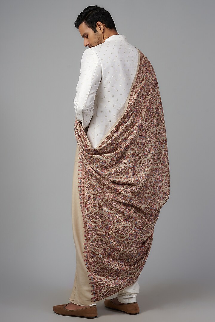 Beige Pashmina Silk Embroidered Shawl by Qbik Men at Pernia's Pop Up Shop