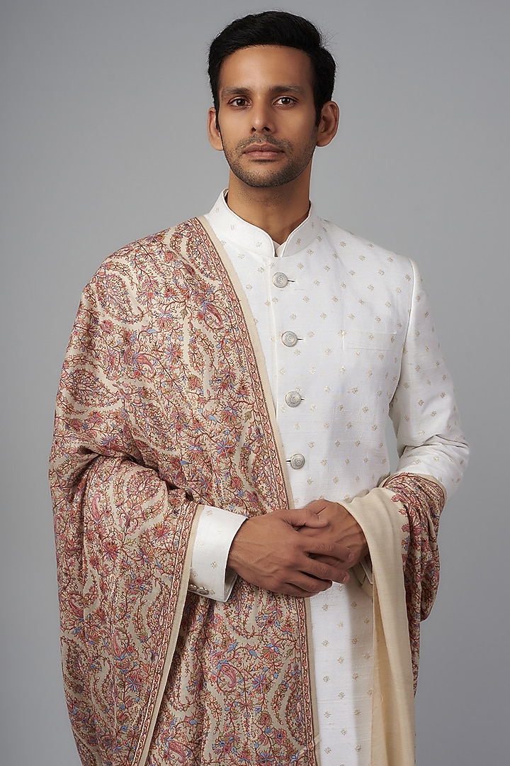 Beige Pashmina Silk Embroidered Shawl by Qbik Men at Pernia's Pop Up Shop