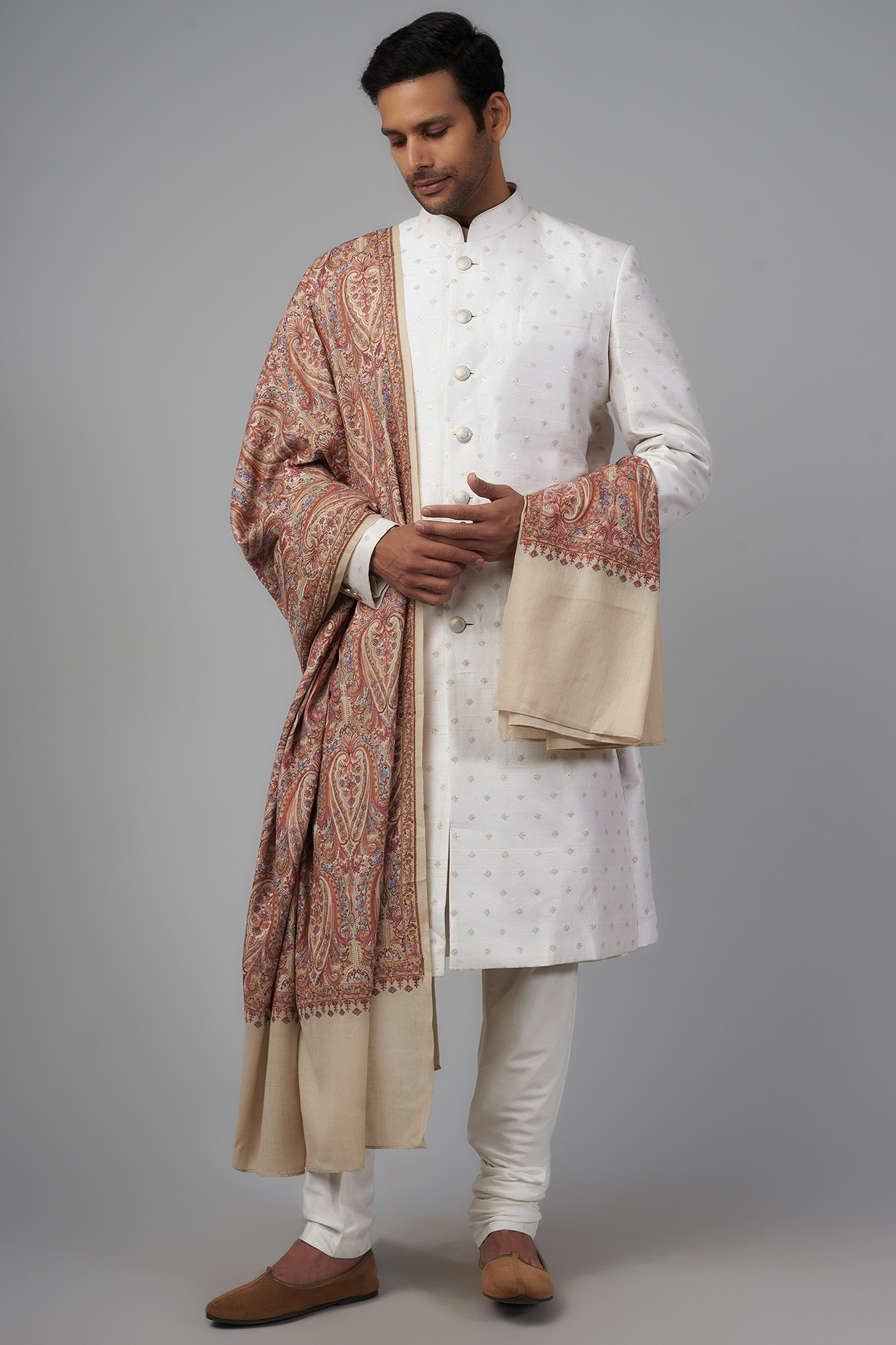 Beige Pashmina Silk Embroidered Shawl by Qbik Men