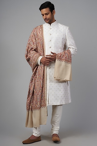 Beige Pashmina Silk Embroidered Shawl by Qbik Men