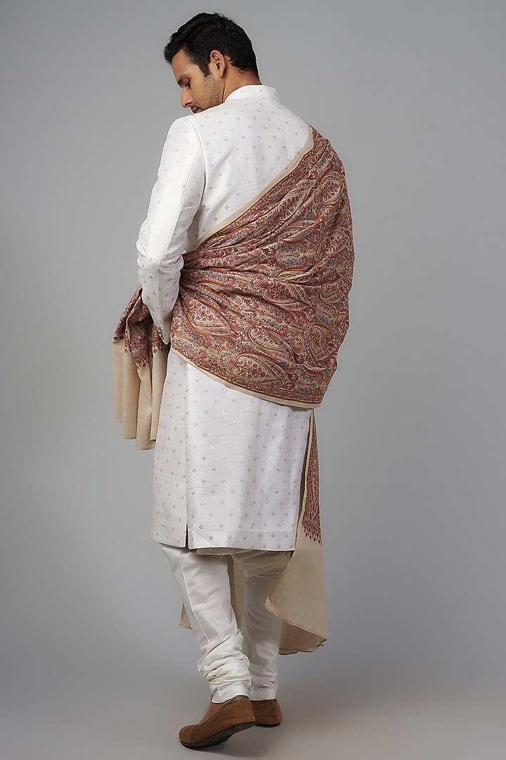 Beige Pashmina Silk Embroidered Shawl by Qbik Men at Pernia's Pop Up Shop