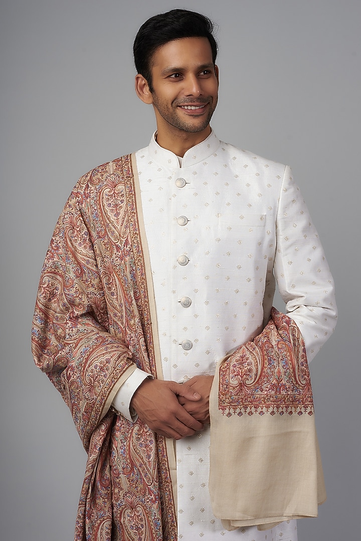 Beige Pashmina Silk Embroidered Shawl by Qbik Men at Pernia's Pop Up Shop