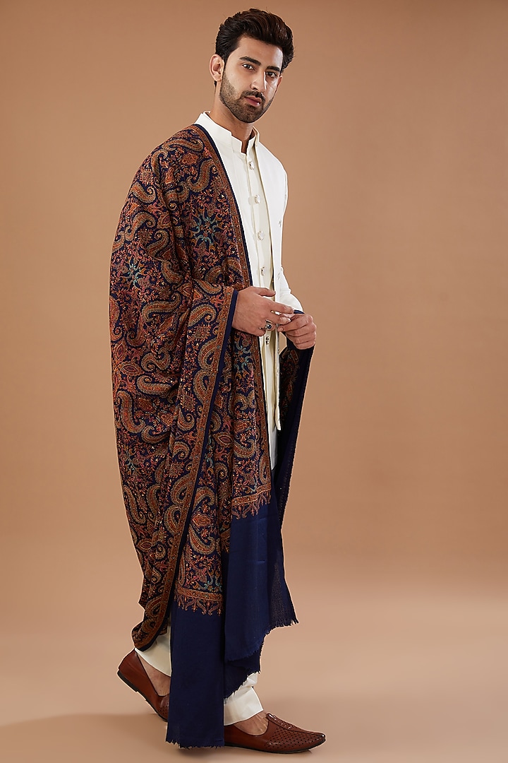 Navy Blue Pashmina Silk Thread Embroidered Shawl by Qbik Men