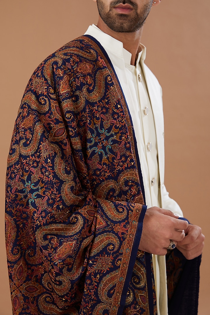Navy Blue Pashmina Silk Thread Embroidered Shawl by Qbik Men at Pernia's Pop Up Shop