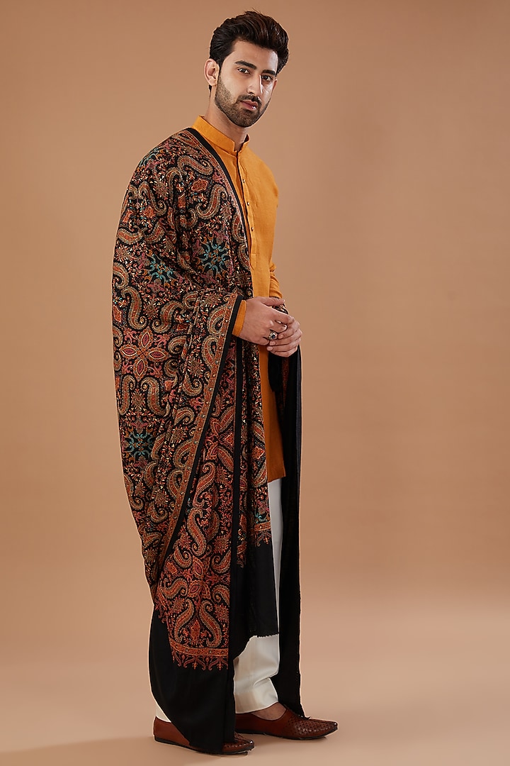 Black Pashmina Silk Thread Embroidered Shawl by Qbik Men