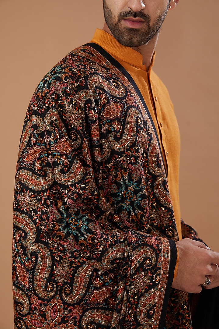 Black Pashmina Silk Thread Embroidered Shawl by Qbik Men at Pernia's Pop Up Shop