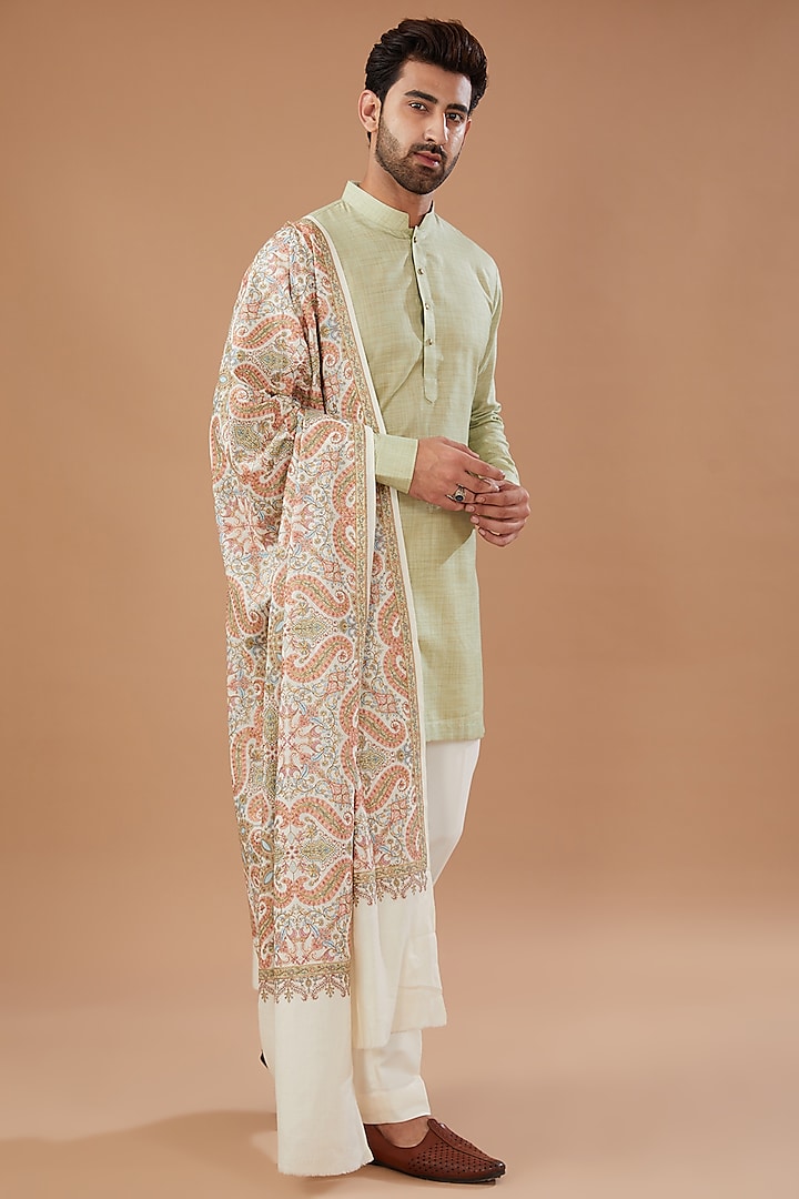 Ivory Pashmina Silk Thread Embroidered Shawl by Qbik Men