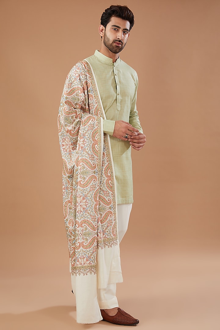 Ivory Pashmina Silk Thread Embroidered Shawl by Qbik Men at Pernia's Pop Up Shop