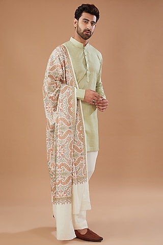 Ivory Pashmina Silk Thread Embroidered Shawl by Qbik Men