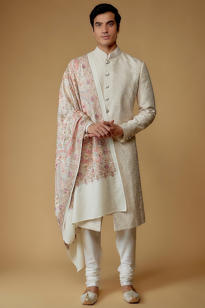 Ivory Pashmina Silk Embroidered Shawl by Qbik Men