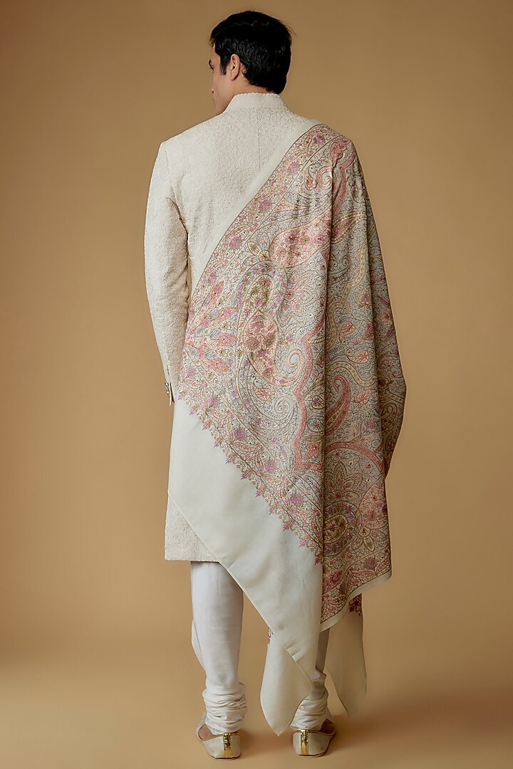 Ivory Pashmina Silk Embroidered Shawl by Qbik Men at Pernia's Pop Up Shop