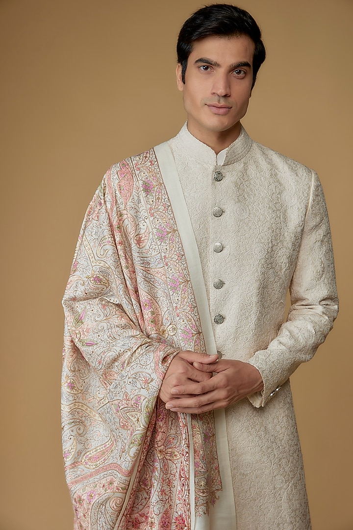 Ivory Pashmina Silk Embroidered Shawl by Qbik Men at Pernia's Pop Up Shop