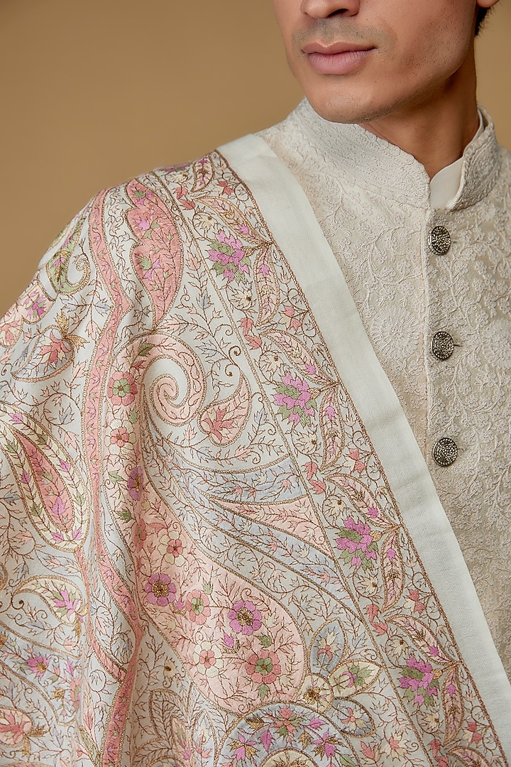 Ivory Pashmina Silk Embroidered Shawl by Qbik Men at Pernia's Pop Up Shop